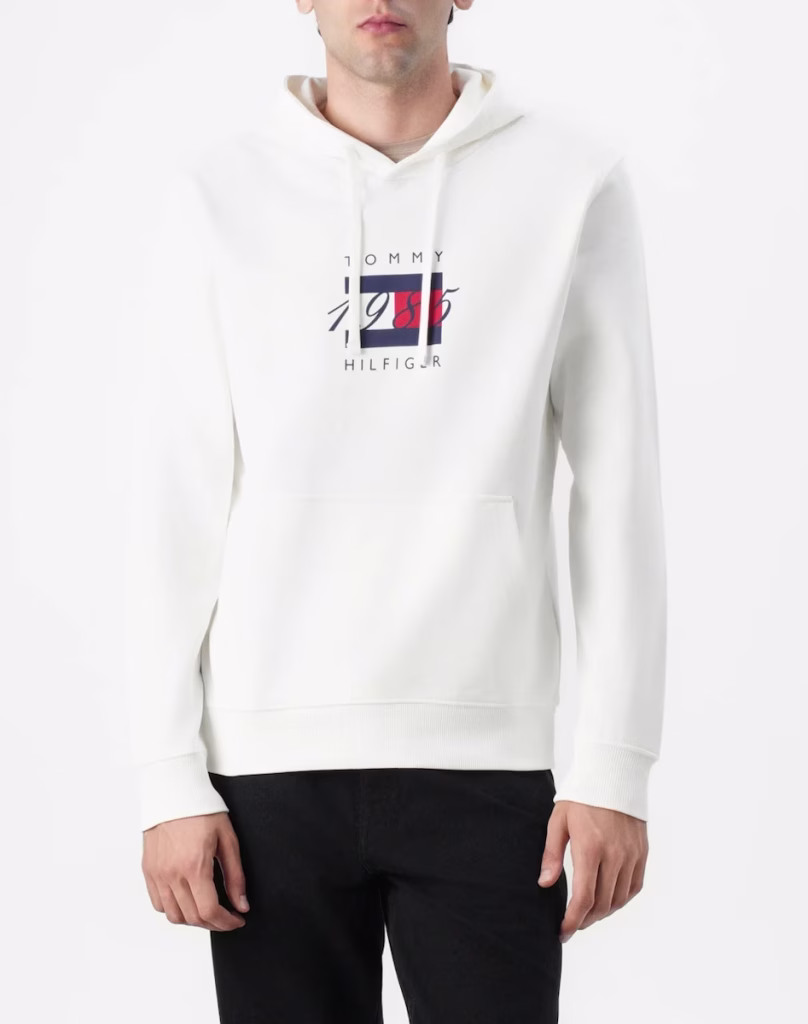 Tommy Hilfiger Ανδρικό Λευκό Φούτερ με Κουκούλα και στάμπα