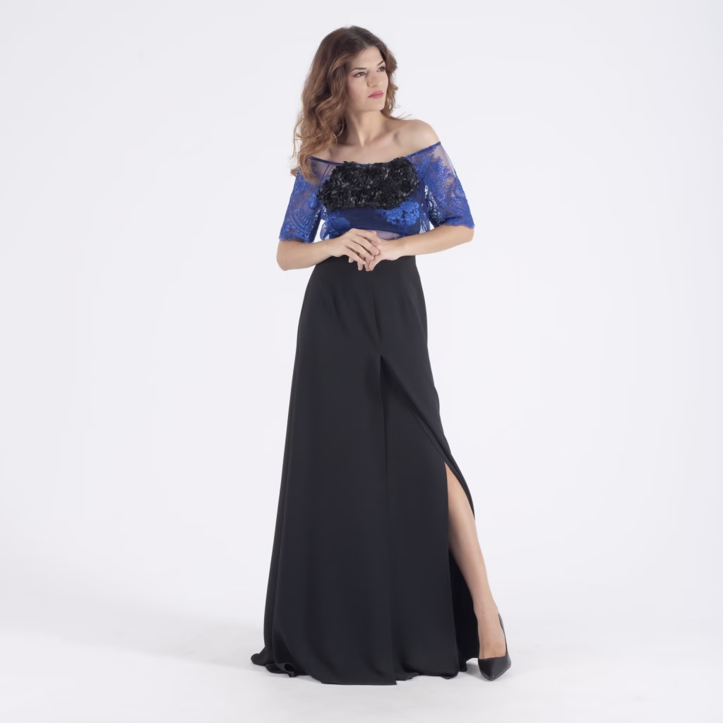 Mischalis Maxi Μαύρη Φούστα Σετ με Μπλέ Δαντελωτό Τοπ by July Two