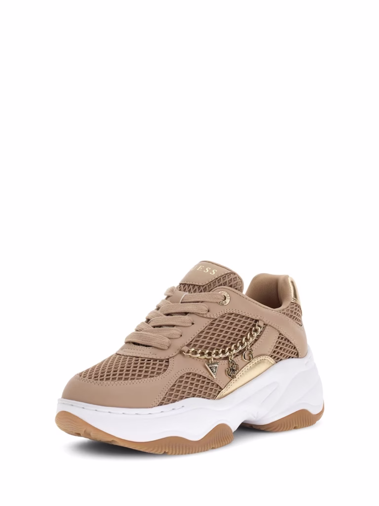 Guess Γυναικεία Μπεζ Running Sneakers με διακοσμητική χρυσή αλυσίδα
