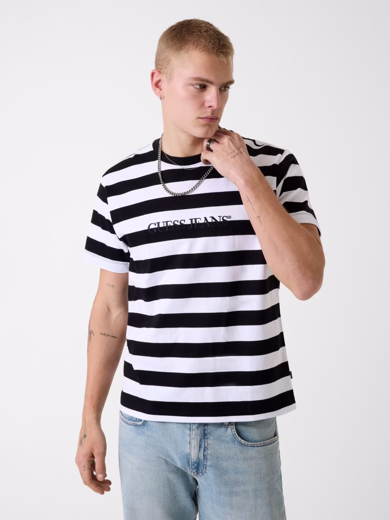 Guess Ανδρικό Άσπρο Μαύρο Ριγέ T-Shirt