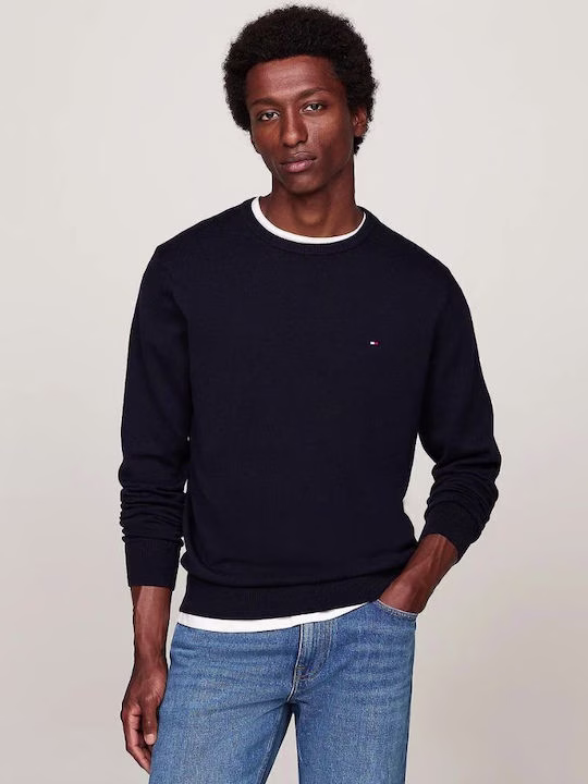 Tommy Hilfiger Ανδρικό Μπλέ Σκούρο Πλεκτό Με Λαιμόκοψη Και Κεντητό Σημαιάκι