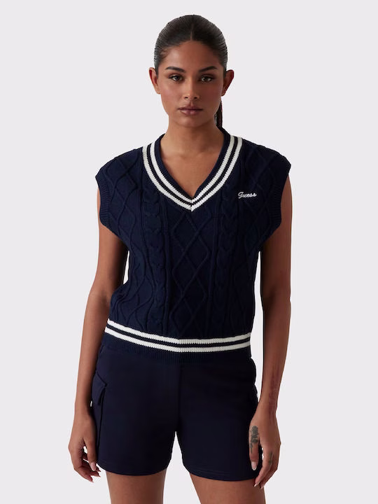 Guess Γυναικείο Πουλόβερ με V Λαιμόκοψη Dark Blue - Image 4