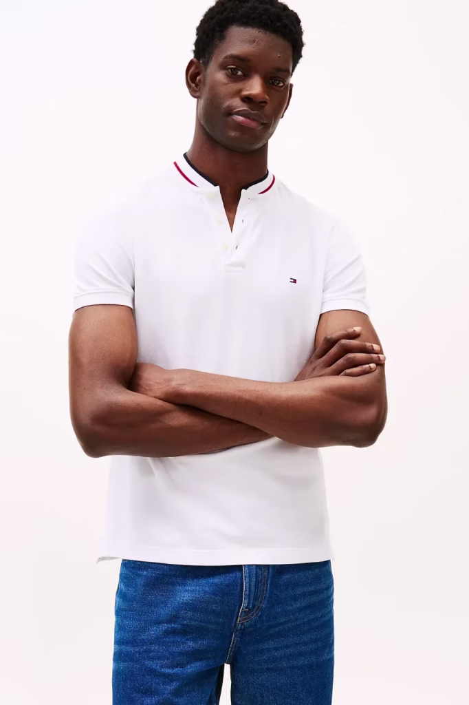 Tommy Hilfiger Ανδρικό Λευκό T-shirt με μπλε κόκκινο μάο Γιακά