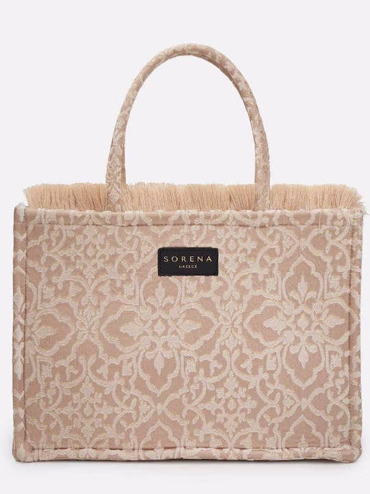 Sorena Handmade Theros Large Υφασμάτινη Γυναικεία Τσάντα Tote Χειρός Mπεζ-Χρυσό