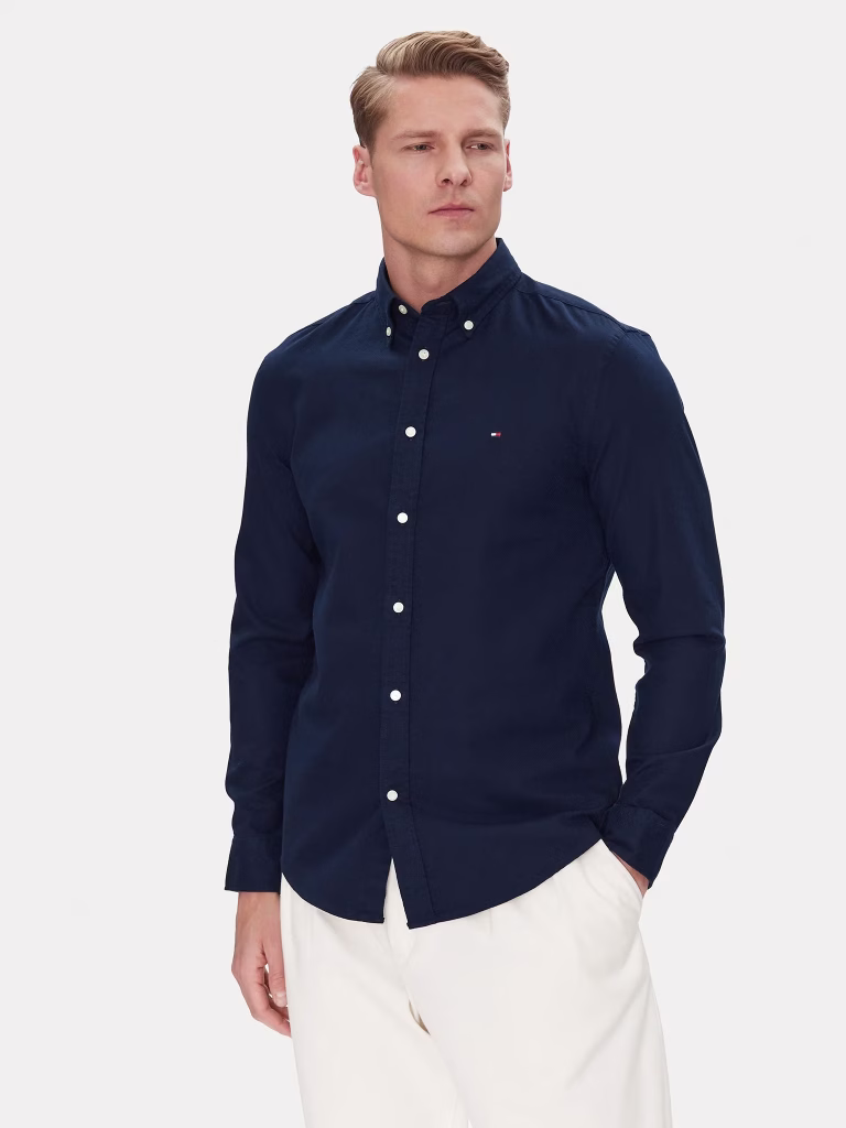 Tommy Hilfiger Μακρυμάνικo Βαμβακερό Πουκάμισο σε Στενή Γραμμή Carbon Navy