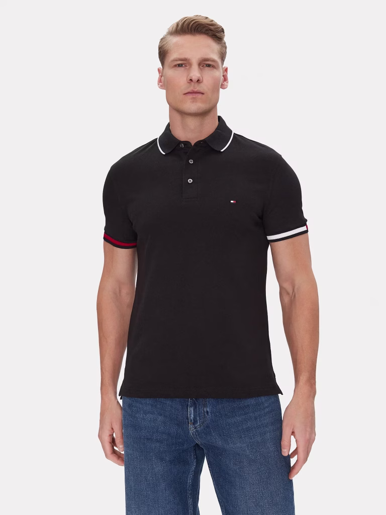 Tommy Hilfiger Ανδρικό Μαύρο Polo T-shirt σε σχέδιο στο γιακά κ στα μανίκια